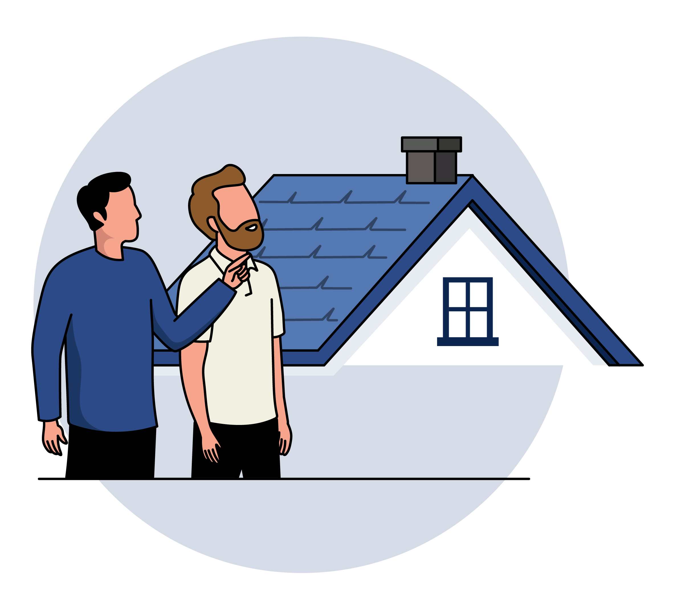 Roofer and homeowner at the driveway looking up at the roof together